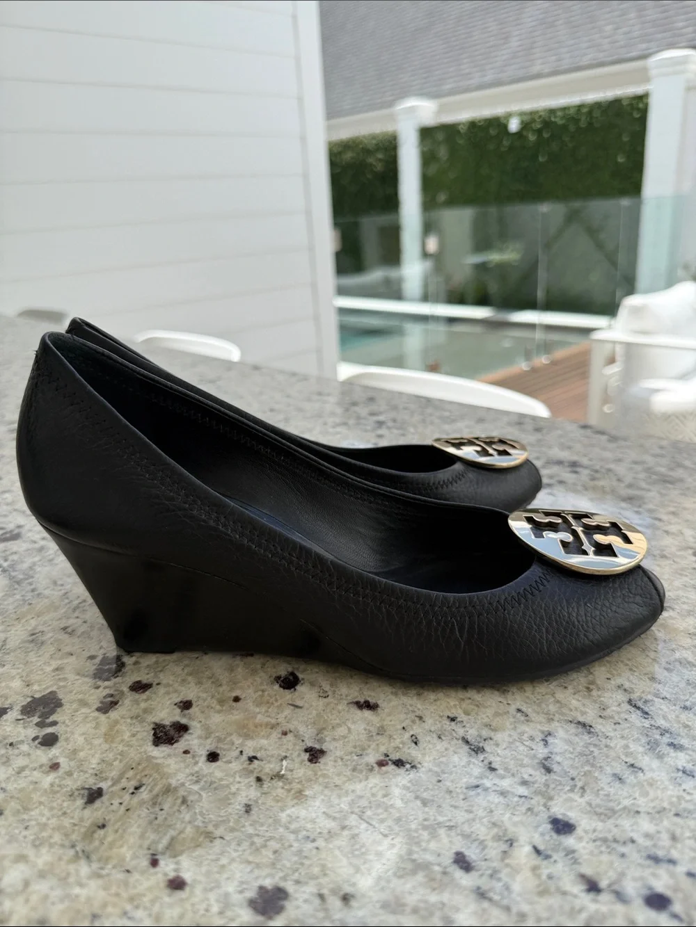 Tory Burch Black Leather Peep-Toe Heels with Gold Logo